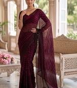 Maroon beads and stones organza designer saree