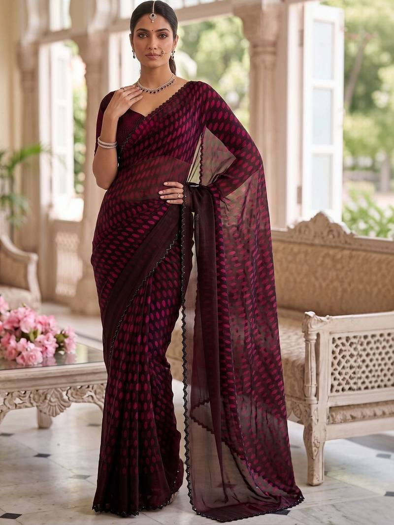 Maroon beads and stones organza designer saree