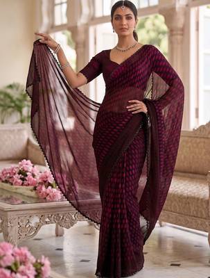 Maroon beads and stones organza designer saree 2