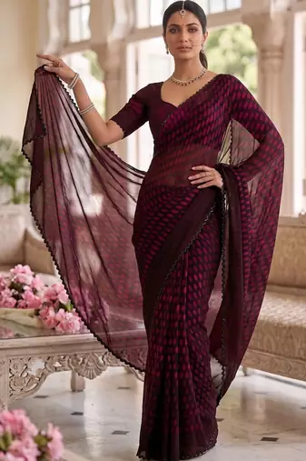 Maroon beads and stones organza designer saree