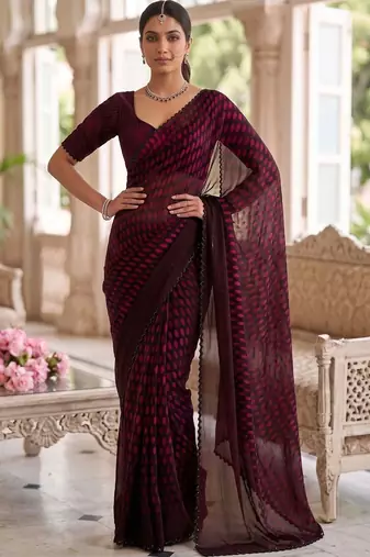 Maroon beads and stones organza designer saree