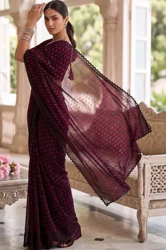 Maroon beads and stones organza designer saree