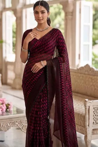 Maroon beads and stones organza designer saree