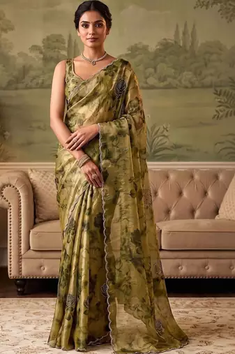 Olive floral beads and stones organza saree