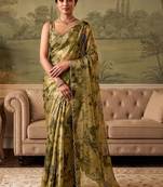 Olive floral beads and stones organza saree