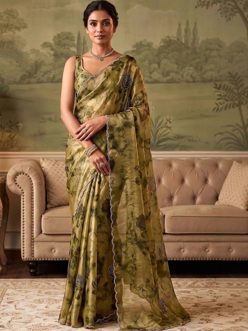 Olive floral beads and stones organza saree