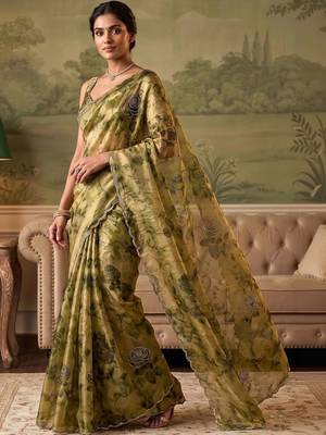 Olive floral beads and stones organza saree 2