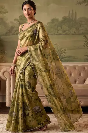Olive floral beads and stones organza saree