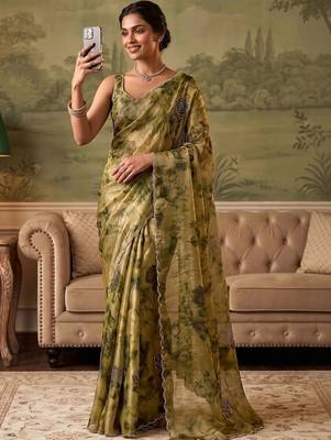 Olive floral beads and stones organza saree 3