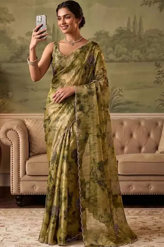 Olive floral beads and stones organza saree