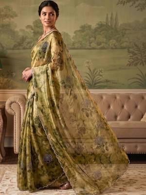 Olive floral beads and stones organza saree 4