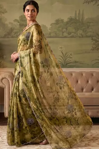 Olive floral beads and stones organza saree