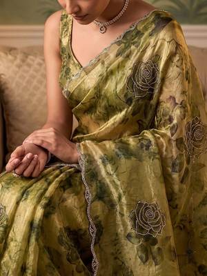 Olive floral beads and stones organza saree 5