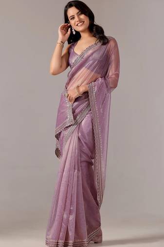 Lavender embellished zari tissue heavy work saree