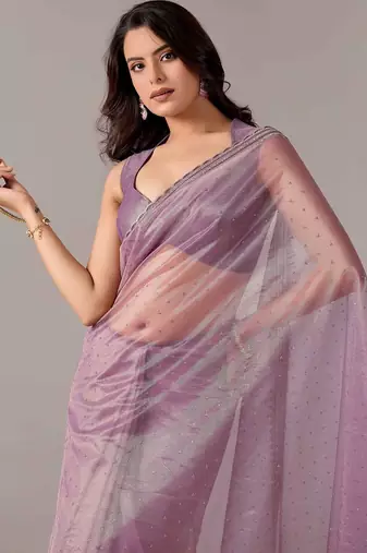Lavender embellished zari tissue heavy work saree
