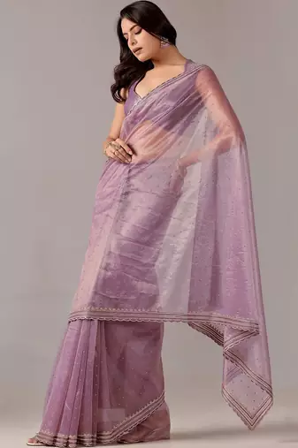 Lavender embellished zari tissue heavy work saree