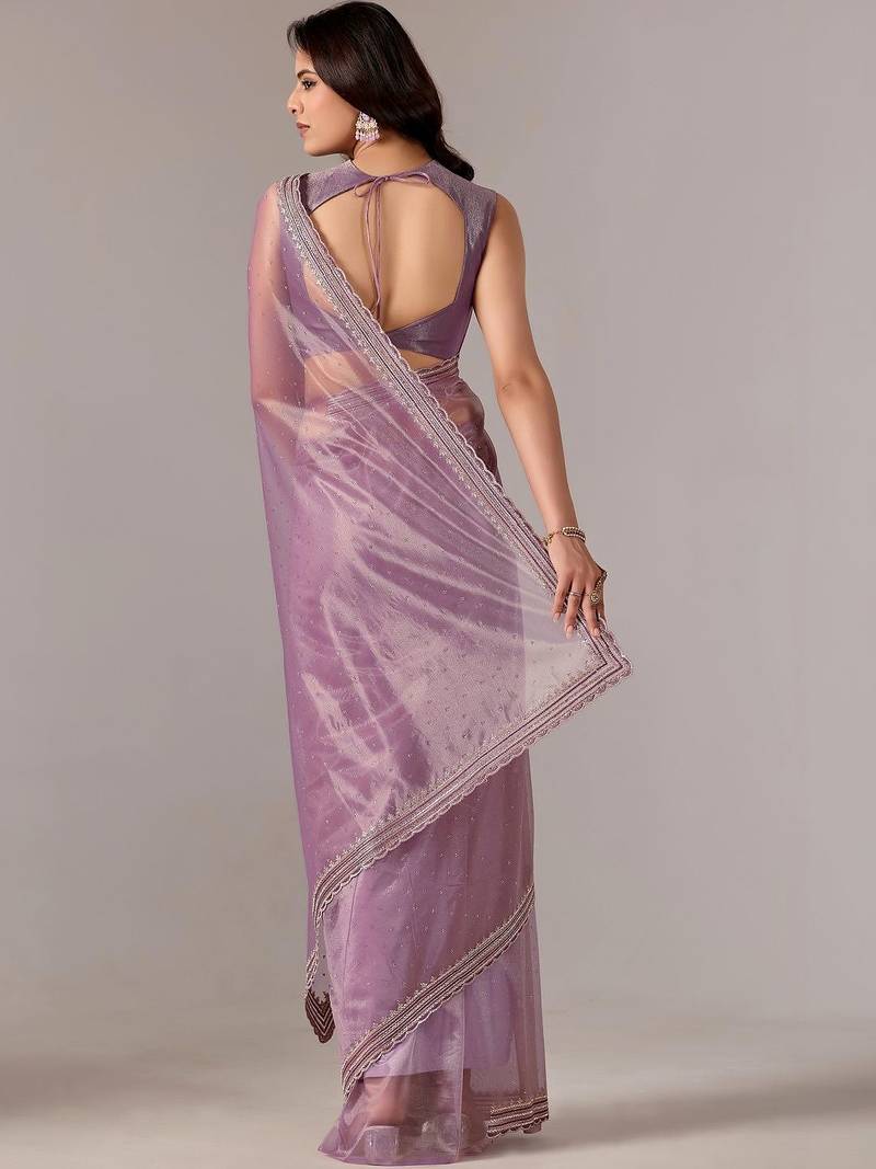 Lavender embellished zari tissue heavy work saree