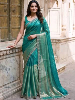Teal colourblocked zari art silk designer saree 1