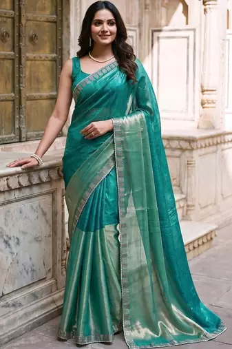 Teal colourblocked zari art silk designer saree