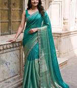 Teal colourblocked zari art silk designer saree