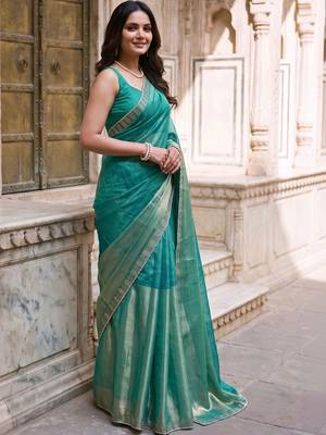 Teal colourblocked zari art silk designer saree 2