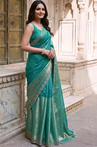 Teal colourblocked zari art silk designer saree