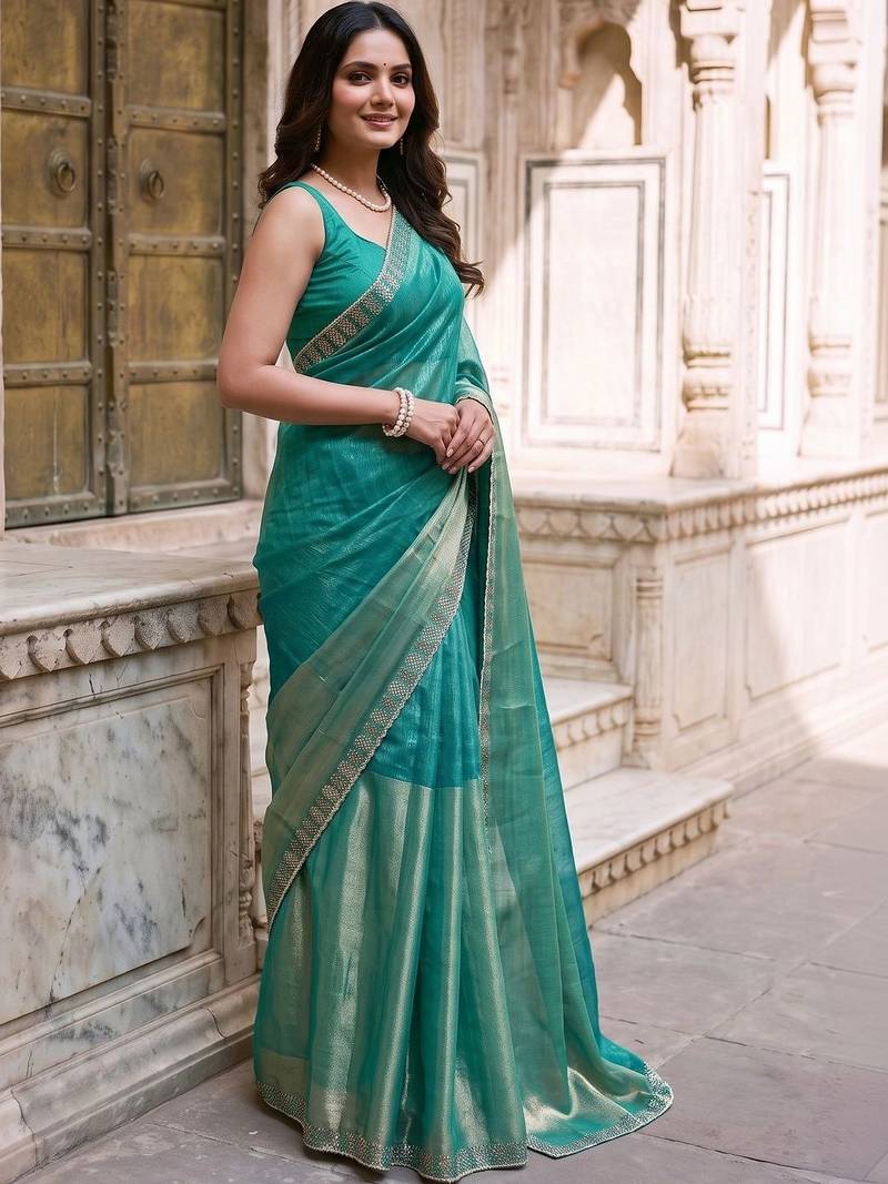Teal colourblocked zari art silk designer saree
