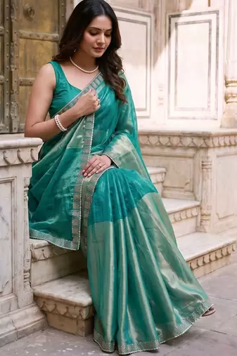 Teal colourblocked zari art silk designer saree