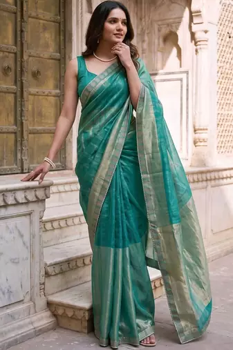 Teal colourblocked zari art silk designer saree