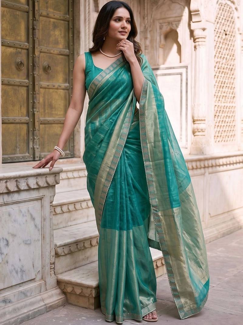 Teal colourblocked zari art silk designer saree