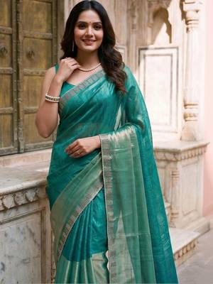 Teal colourblocked zari art silk designer saree 5
