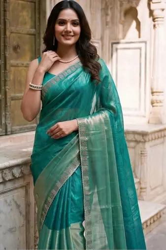 Teal colourblocked zari art silk designer saree