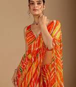 Orange leheriya beads and stones poly chiffon saree