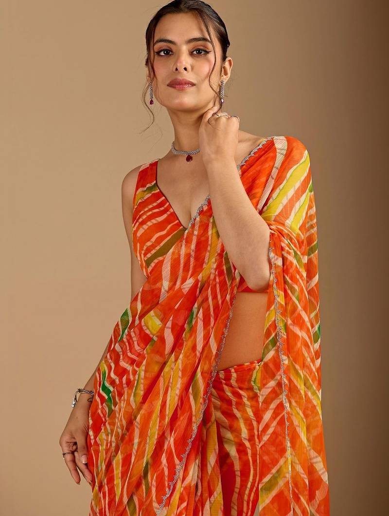 Orange leheriya beads and stones poly chiffon saree