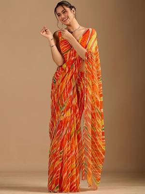 Orange leheriya beads and stones poly chiffon saree 2