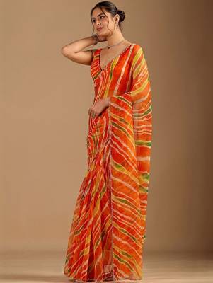 Orange leheriya beads and stones poly chiffon saree 3