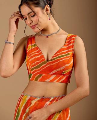Orange leheriya beads and stones poly chiffon saree 4