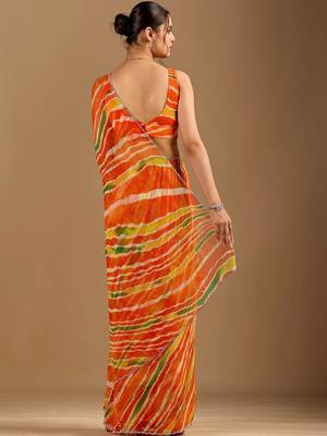 Orange leheriya beads and stones poly chiffon saree 5