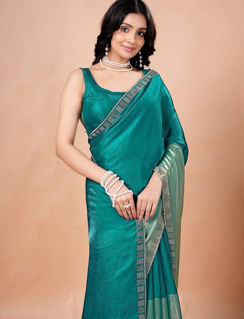 Teal women ethnic motifs woven design saree