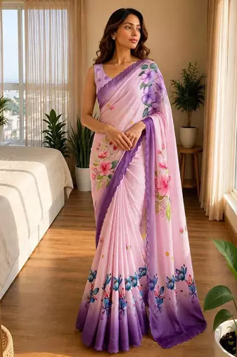 baby-pink silk blend floral print ready to wear saree