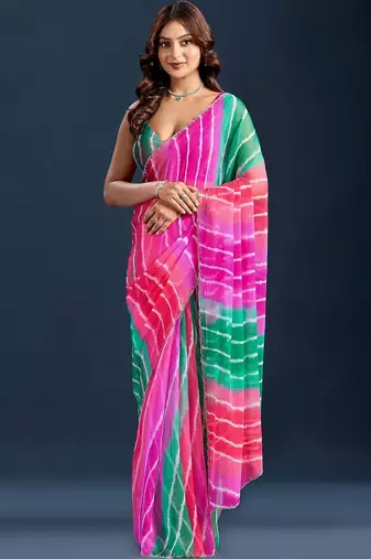 Multicolor leheriya beads and stones  chiffon saree