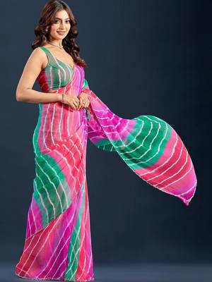 Multicolor leheriya beads and stones  chiffon saree 3
