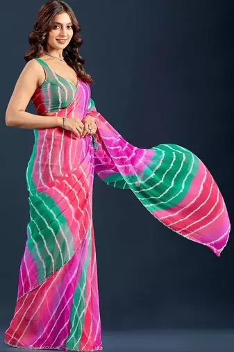 Multicolor leheriya beads and stones  chiffon saree