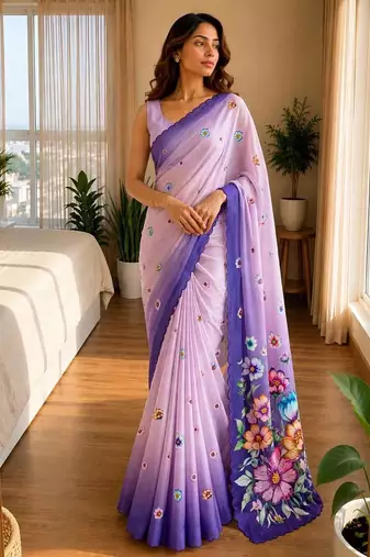 lavender silk blend floral print ready to wear saree