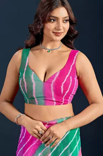 Multicolor leheriya beads and stones  chiffon saree