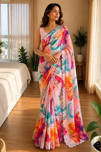 multicolor silk blend floral print ready to wear saree