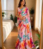 multicolor silk blend floral print ready to wear saree