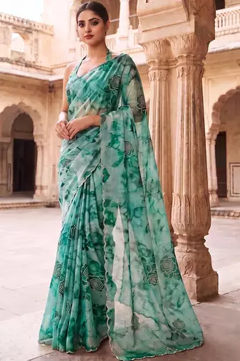 Teal embroidered organza saree