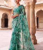 Teal embroidered organza saree