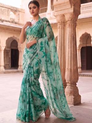 Teal embroidered organza saree 2
